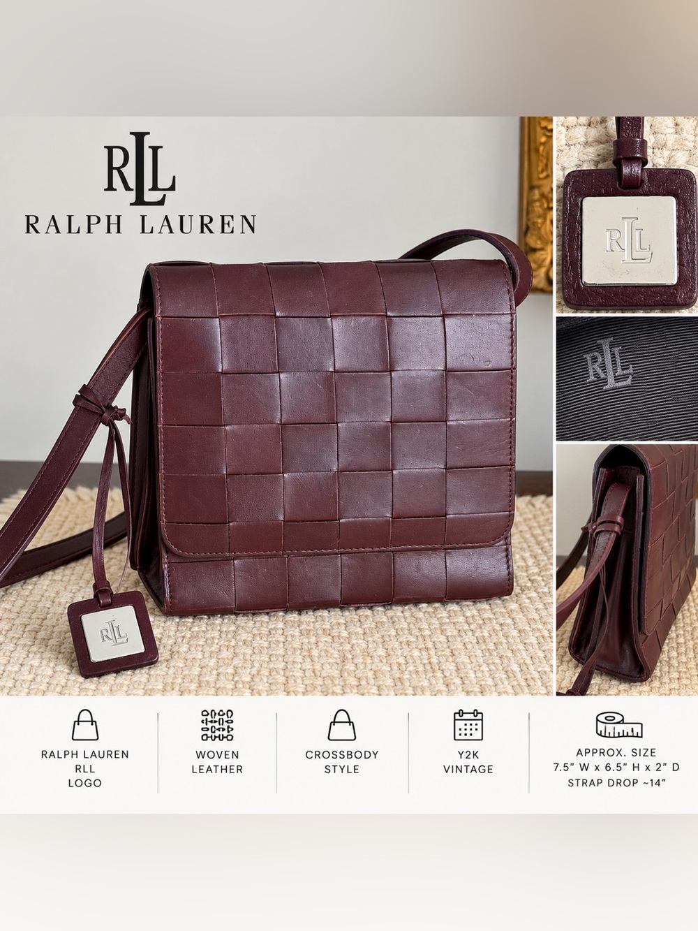Ralph Lauren Burgundy Woven Leather RLL mini crossbody Bag Y2K
